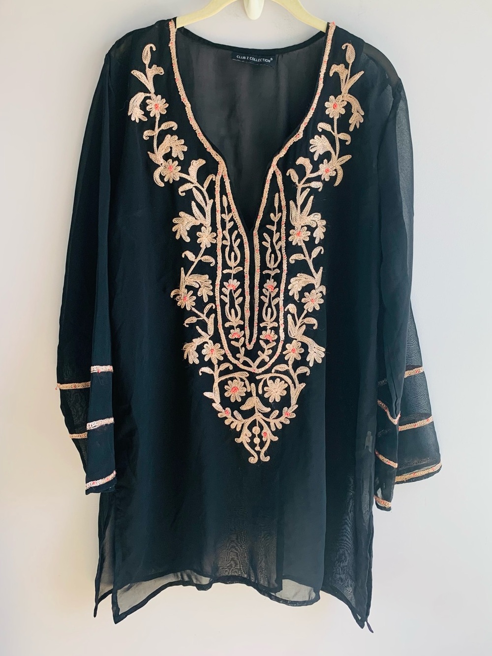 Club Z Collection Swim Cover Up Black Embroidered Sheer Vacation Resortwear EUC
